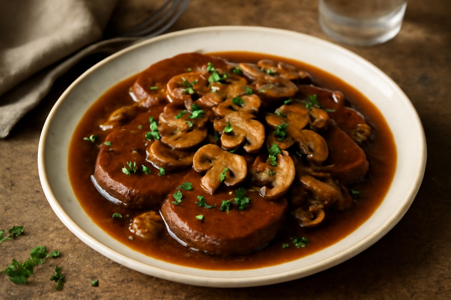 Lingua di vitello trifolata servita nel piatto, affettata, di colore marrone rosato con funghi trifolati, prezzemolo fresco verde e aglio, contornata da salsa scura