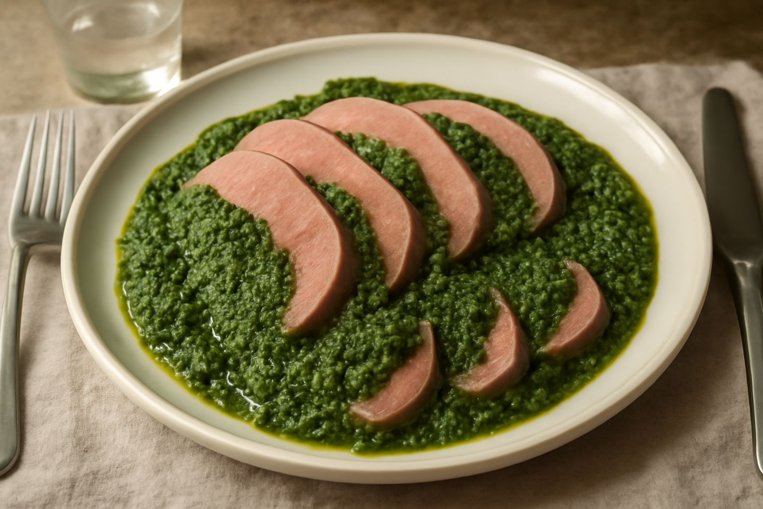 Fette di lingua bollita rosa pallido disposte a ventaglio in un piatto bianco, ricoperte di salsa verde densa fatta con prezzemolo, basilico e acciughe, con gocce di olio d'oliva visibili in superfici