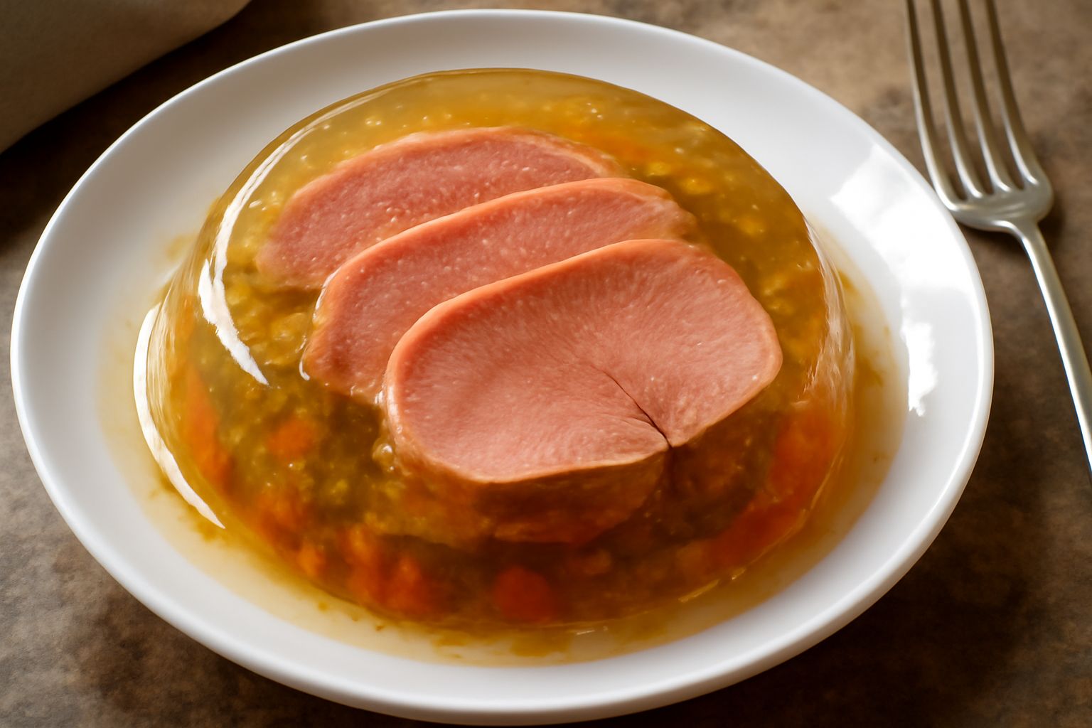 Lingua in gelatina affettata su un piatto bianco, mostrando fette rosa-rosate di carne circondate da gelatina trasparente e lucida, guarnita con un rametto di prezzemolo fresco