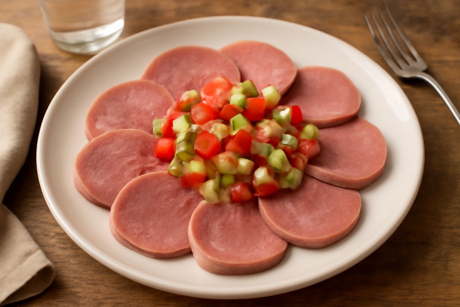 Insalata servita in piatto bianco: fette di lingua di vitello rosa pallido disposte a raggiera, circondate da verdure crude variopinte (pomodori rossi, cetrioli verdi, cipolla bianca), guarnita con pr