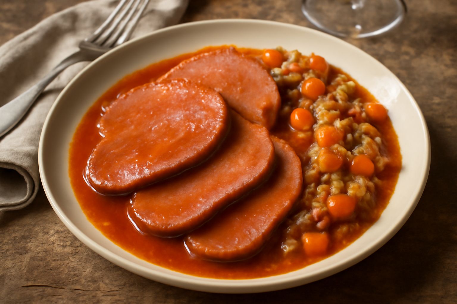Lingua di manzo affettata su un piatto bianco, coperta da salsa di pomodoro scura e lucida, con sedano e carota cotta a lato, guarnita da prezzemolo fresco verde