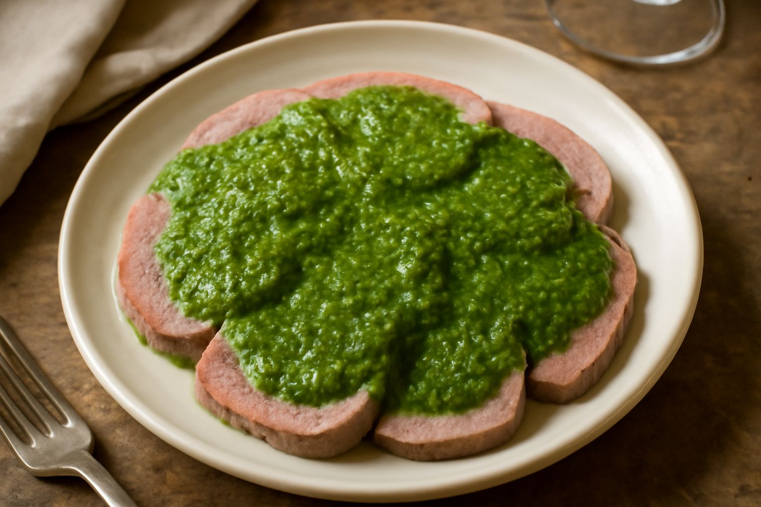 Fette di lingua di vitello rosa pallido coperte da salsa verde densa e brillante, guarnite di prezzemolo fresco, servite in un piatto bianco con contorno di patate lesse