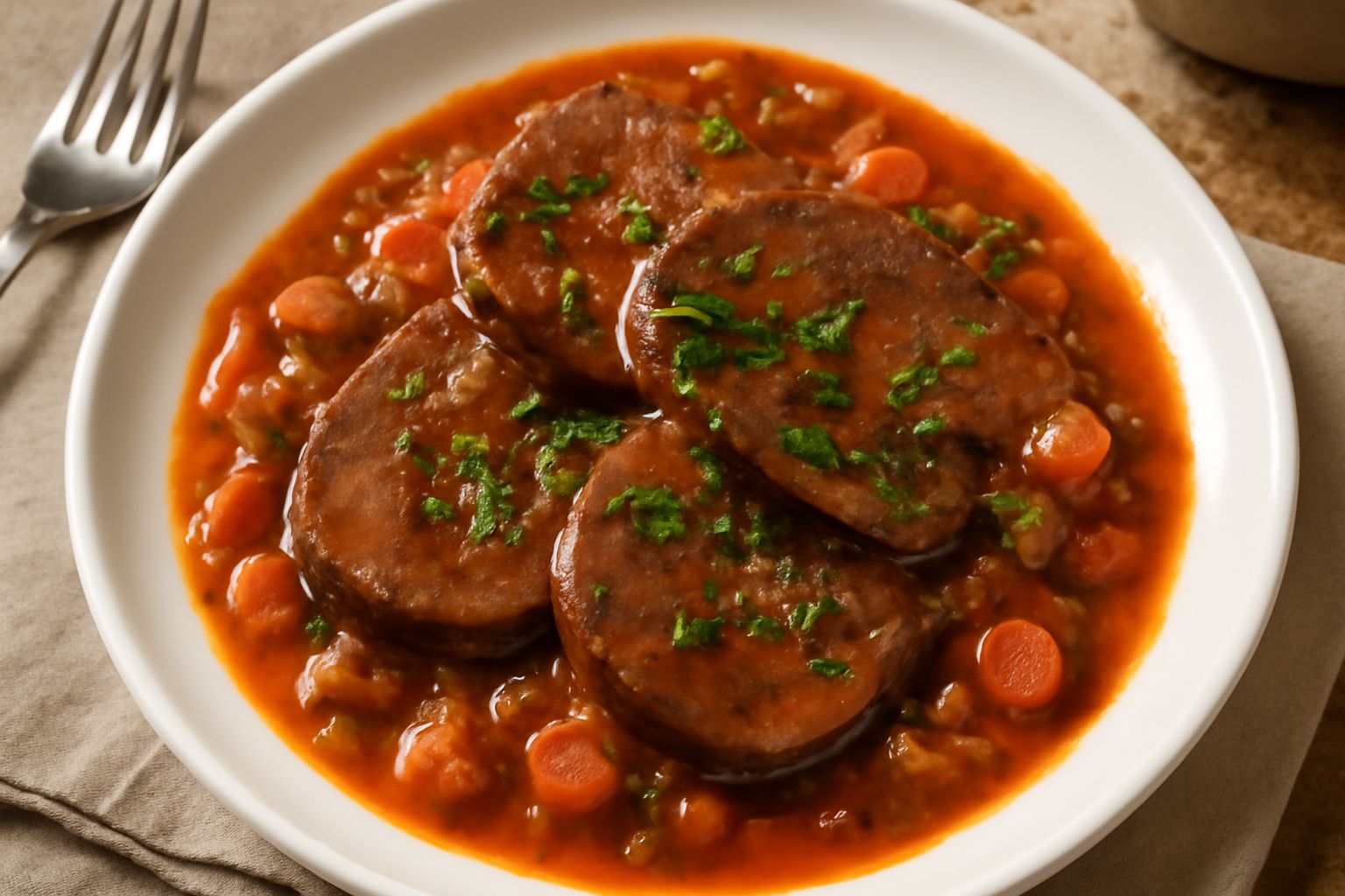 Lingua in umido affettata nel piatto, di colore marrone intenso, circondata da salsa scura lucida, accompagnata da verdure tenere di carota e sedano, guarnita con prezzemolo fresco verde
