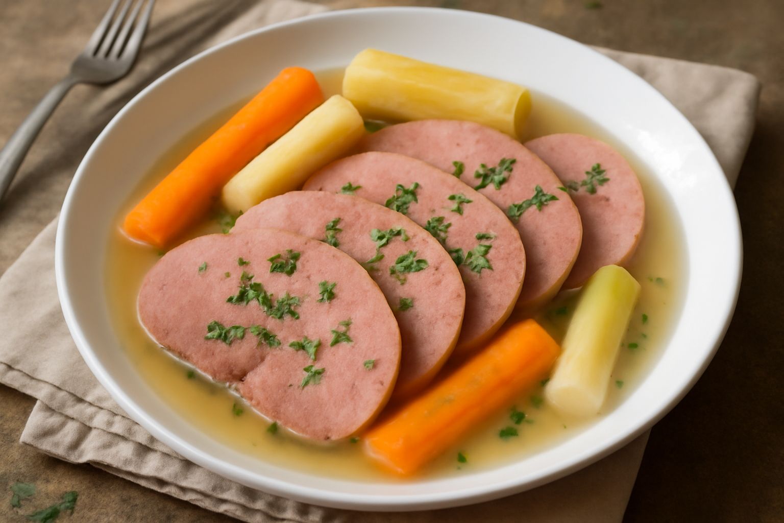 Lingua lessata affettata nel piatto bianco, rosa pallido e compatta, contornata da brodo trasparente, con verdure di cottura a lato e prezzemolo fresco sopra
