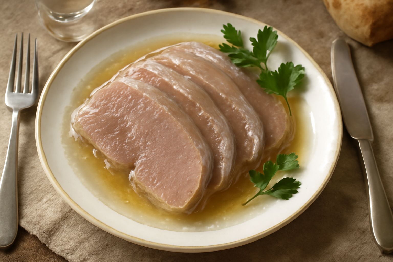 Fette di lingua lessata color rosa pallido, ricoperte da gelatina trasparente e limpida, guarnite da qualche goccia di brodo aspic, adagiata in piatto bianco con contorno di verdure bollite