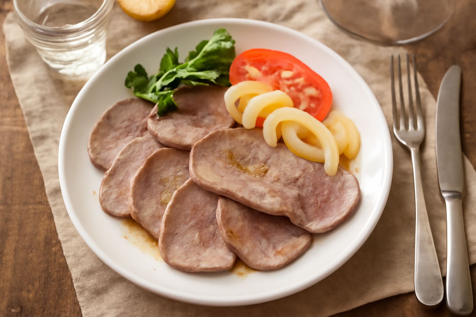 Lingua salada affettata su piatto bianco, fette color rosa pallido con bordo salato, contornata da salsa e verdure lessate, servita tiepida