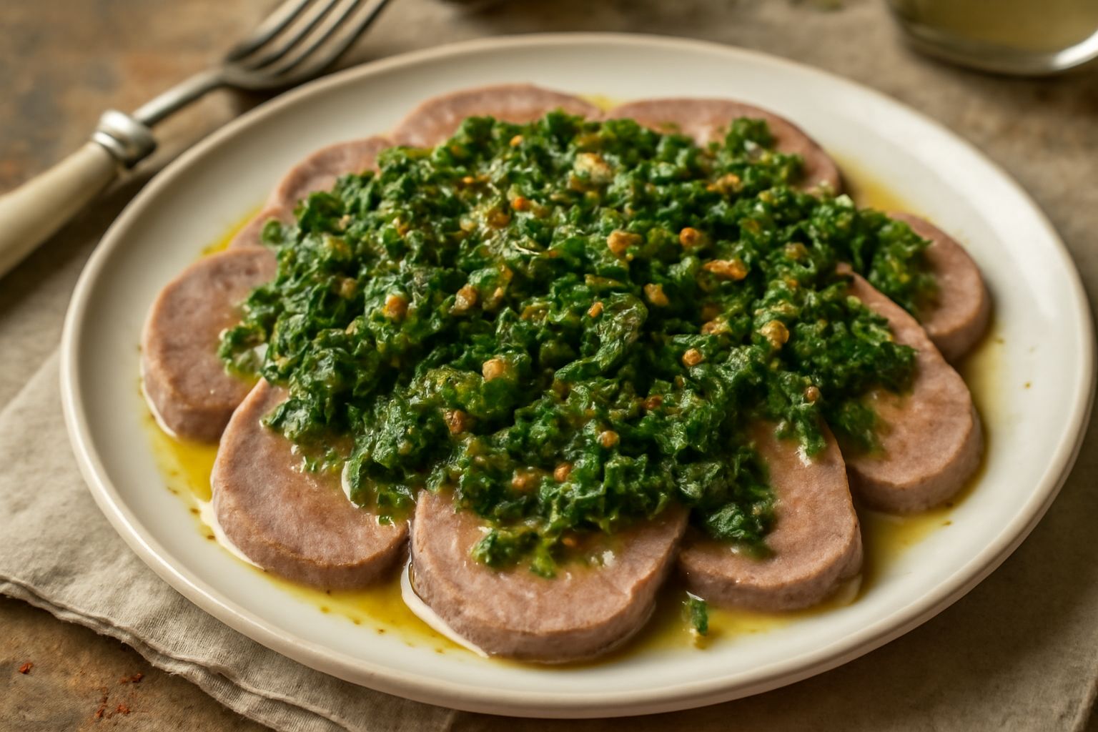 Lingua trifolata affettata su un piatto bianco, condita con aglio e prezzemolo fresco verde scuro, con un filo d'olio d'oliva lucido e qualche granello di peperoncino rosso visibile