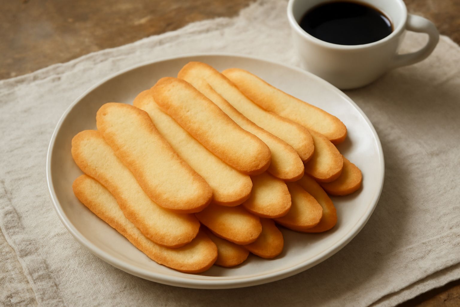 Lingue di gatto disposte in piedi su un piatto bianco, biscotti sottili e ondulati color oro, leggermente ricurvi, con caffè sfocato sullo sfondo