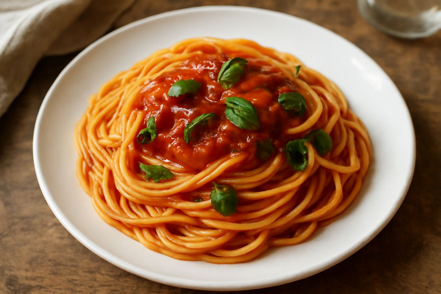 Piatto di linguine condite con sugo di pomodoro rosso vivo, foglie di basilico verde appena sbrofolate, filo di olio extravergine, servite in piatto bianco con bordo largo