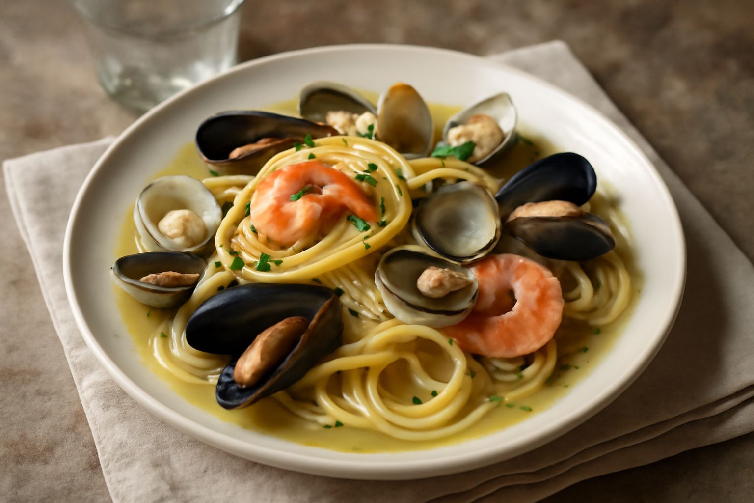 Linguine condite con vongole verniciate aperte, cozze nere, gamberi rossi e prezzemolo verde in un piatto bianco fondo, olio brillante visibile, aglio dorato al fondo