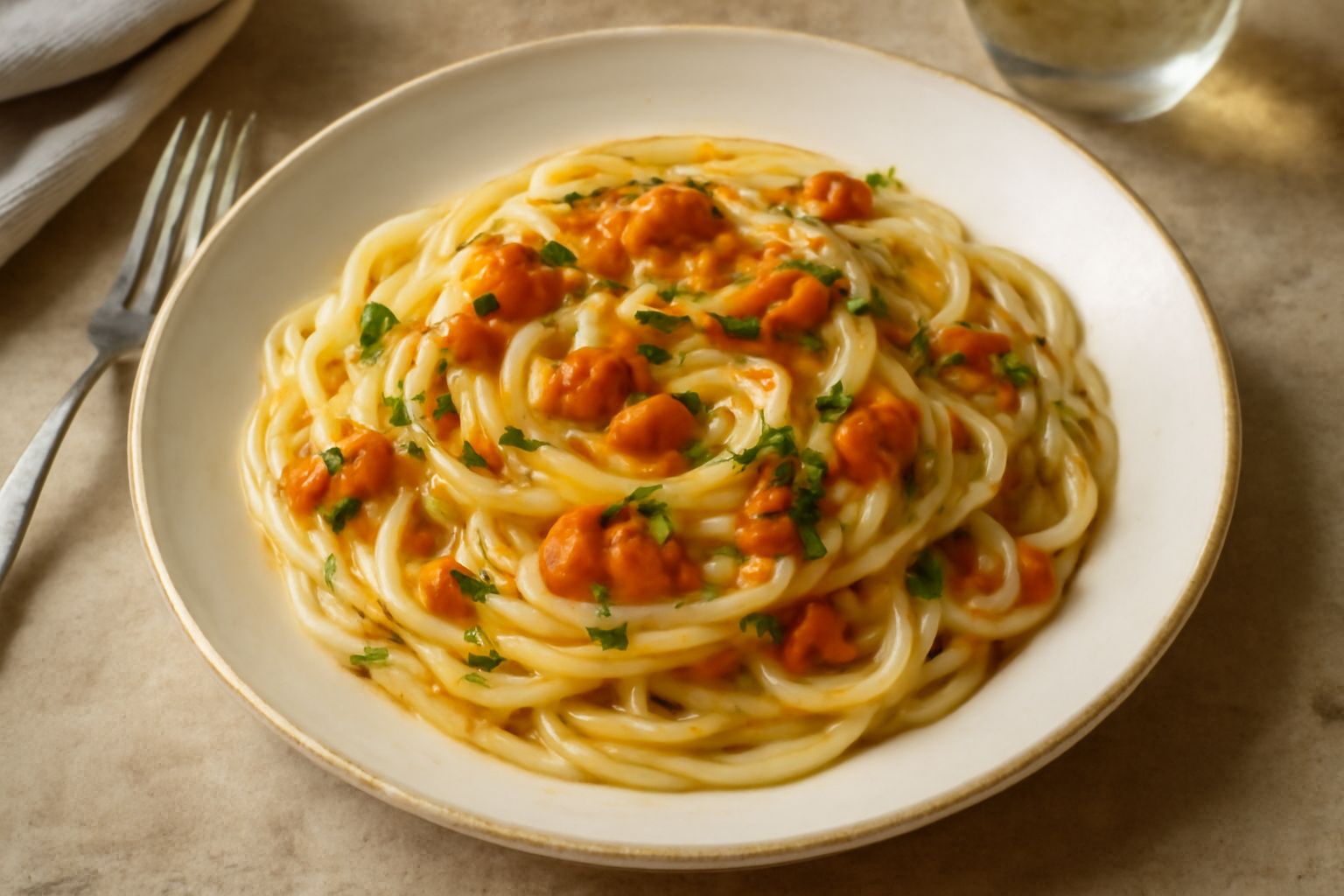 Piatto di linguine bianche con ricci di mare arancioni e rossastri, guarnite di prezzemolo fresco e un filo di olio, servite in un piatto bianco profondo