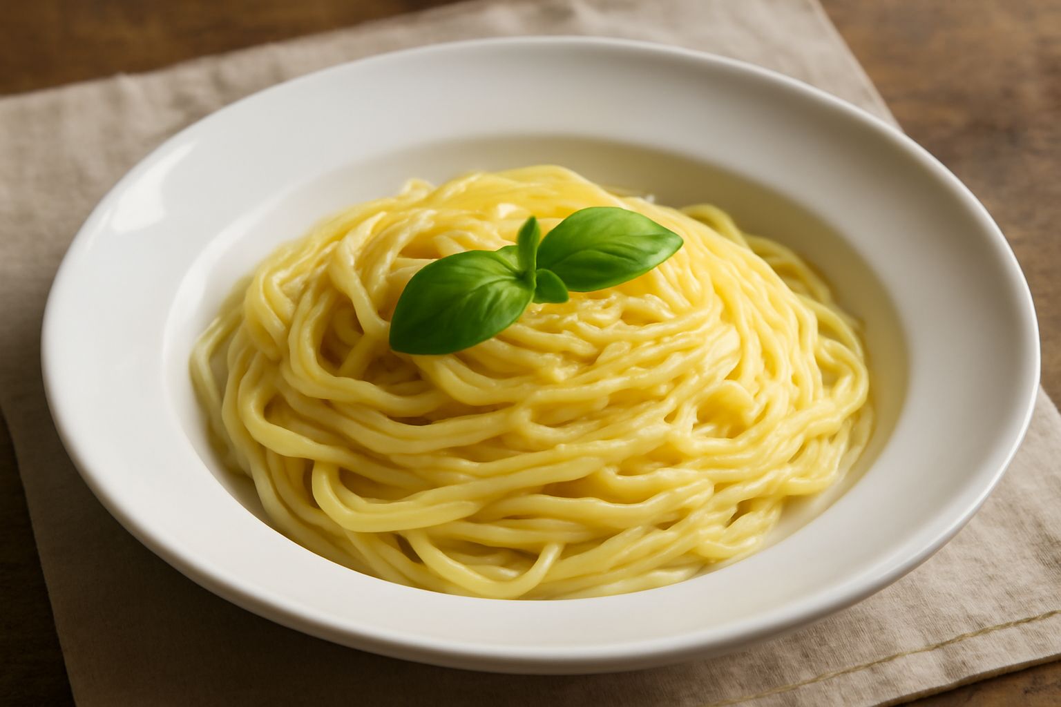 Linguine al limone in bianco piatto fondo, condite con crema gialla, scorza di limone verde-giallo e un filo di olio, con basilico fresco accanto