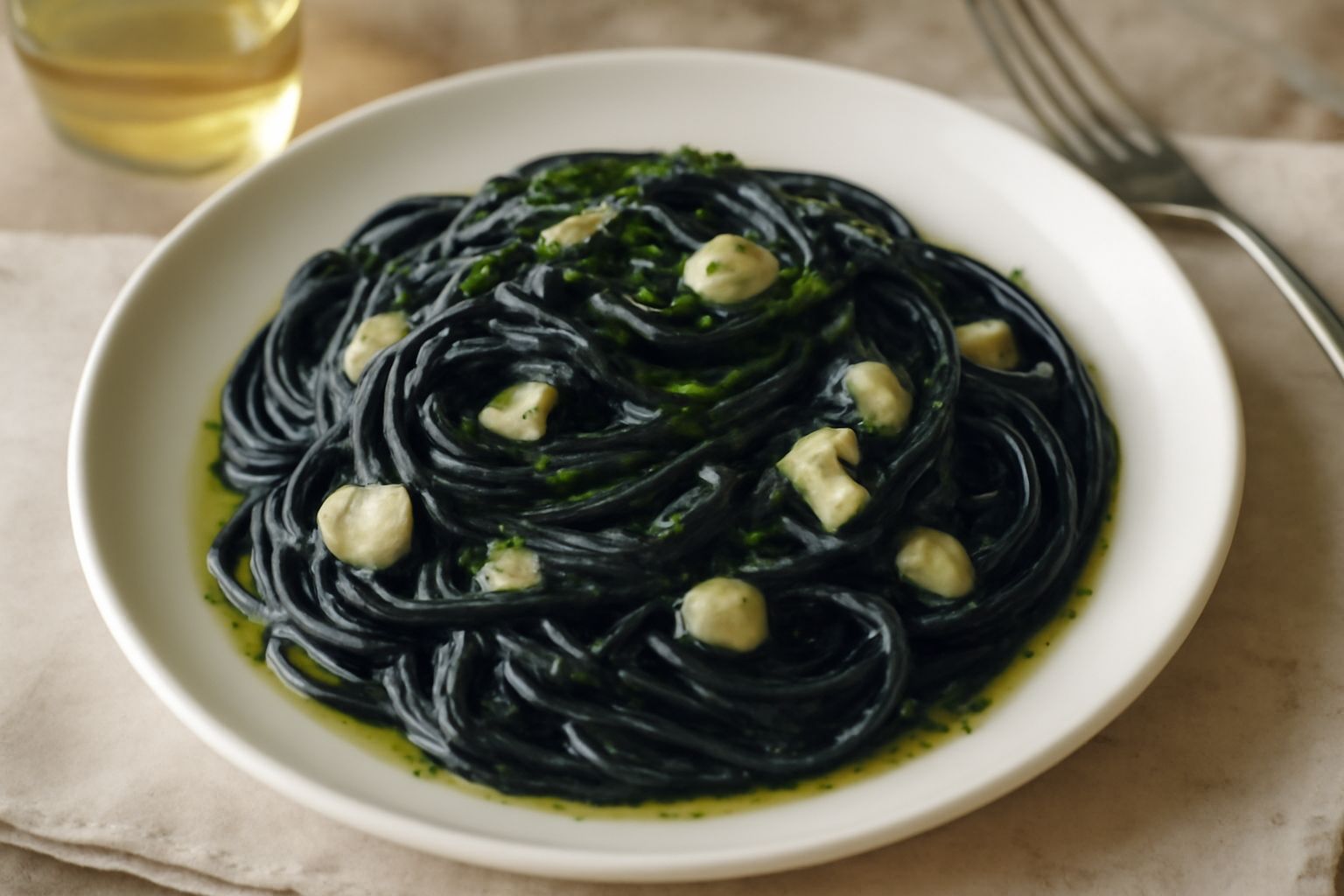Piatto di linguine nere lucide condite con pezzi di seppia, prezzemolo fresco e gocce di olio extravergine, su tavolo bianco con bicchiere d'acqua e limone a lato