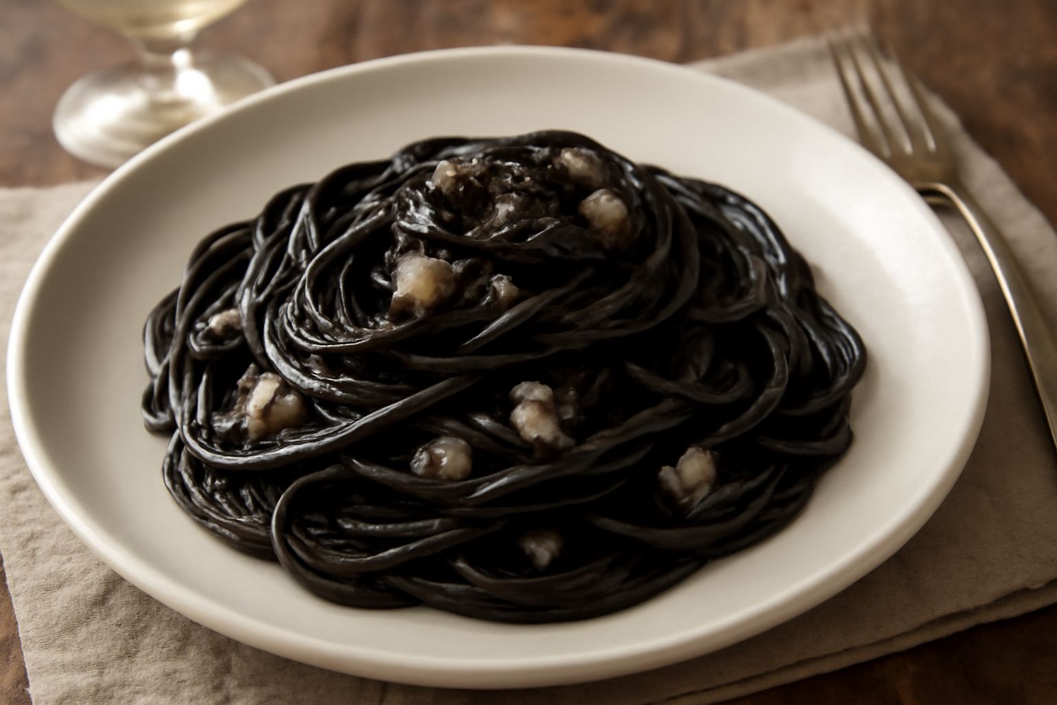 Piatto di linguine nere coperte da crema scura di seppie, guarnite con prezzemolo fresco e una goccia di olio d'oliva, su sfondo neutro