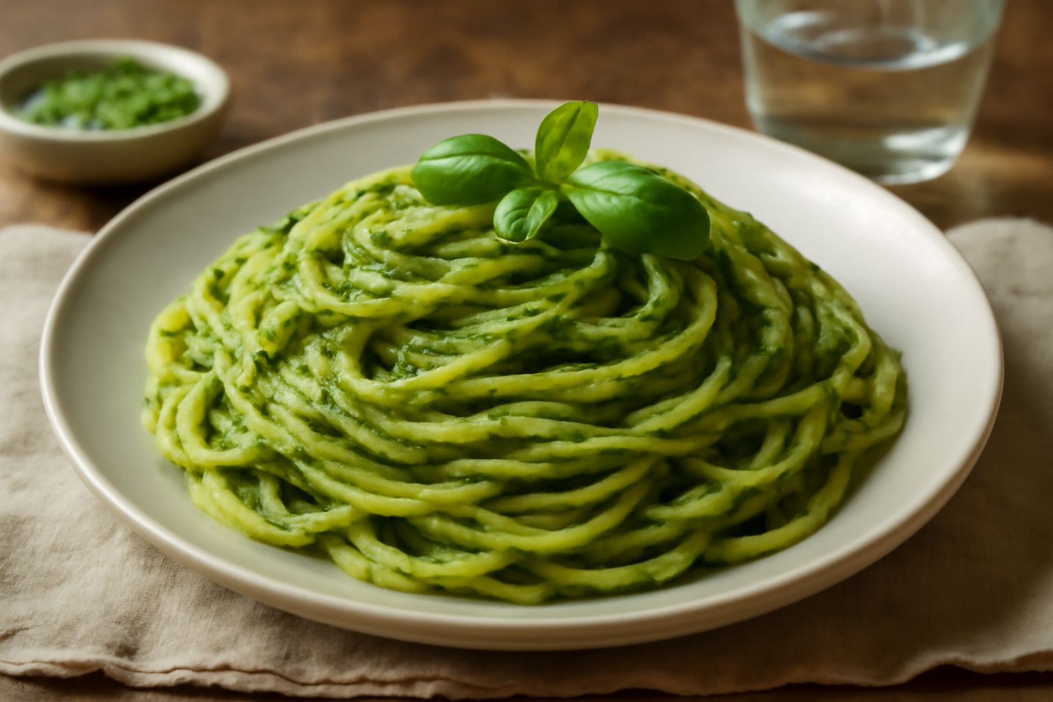 Piatto bianco con linguine coperte di pesto verde brillante, guarnito con una foglia di basilico fresco e scaglie di pecorino, olio d'oliva che luccica sulla superficie