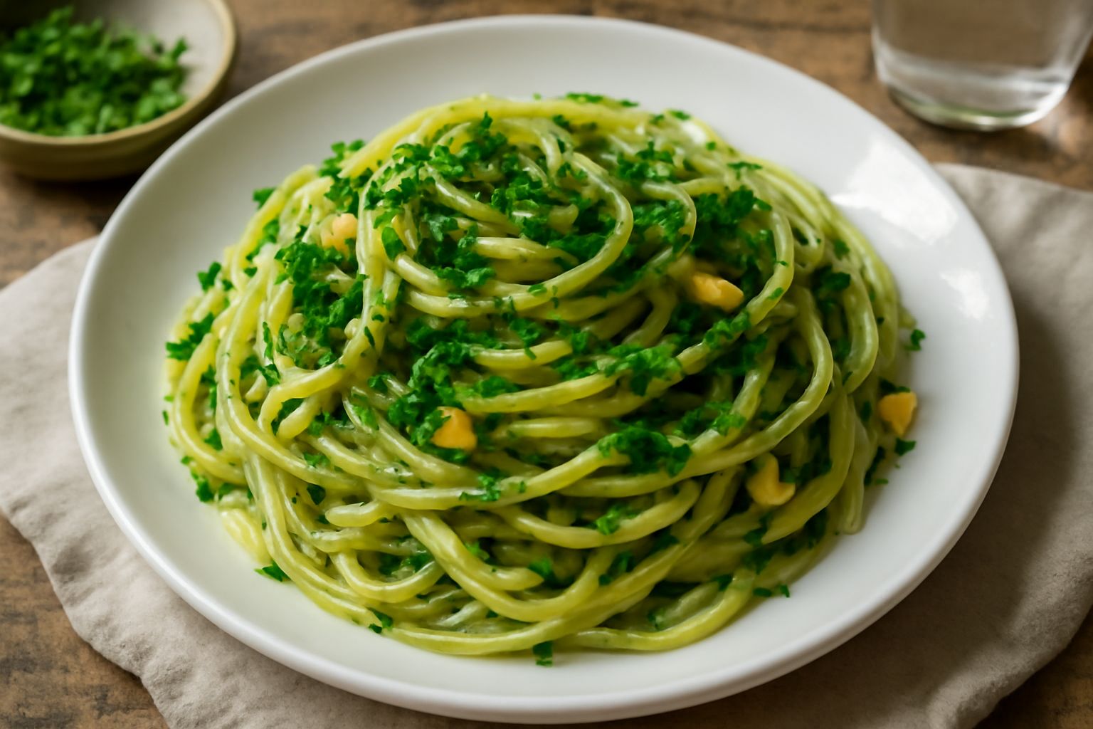 Linguine al prezzemolo fresco in piatto bianco, condite con aglio e olio, prezzemolo verde brillante sparso in superficie, limone fresco accanto al piatto