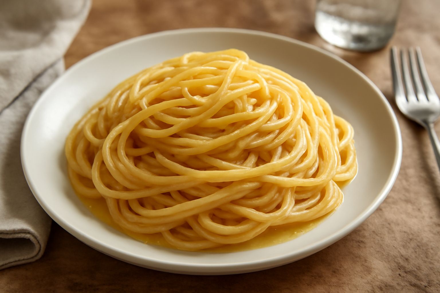 Piatto di linguine bagnate di sugo dorato con alici, grani di peperoncino rosso, filo di olio verde in superficie, servite in ciotola bianca.