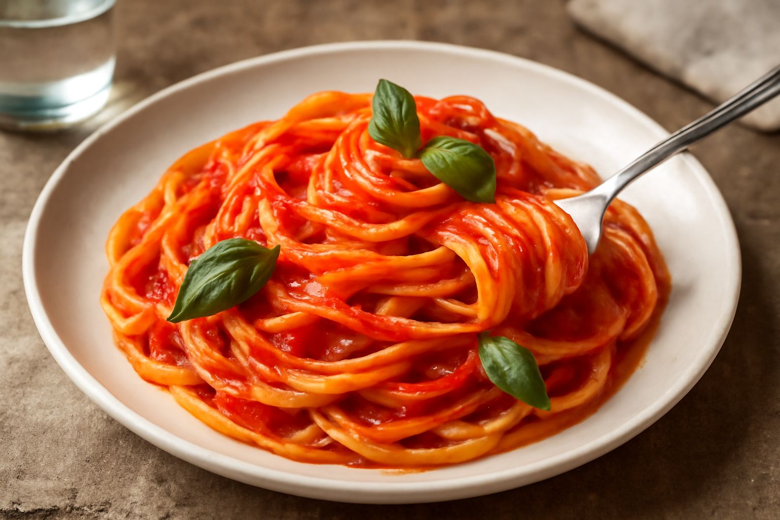 Piatto di linguine ricoperte di sugo di pomodoro rosso intenso, aglio affettato, foglie di basilico verde fresco e gocce di olio d'oliva, servito in un piatto bianco