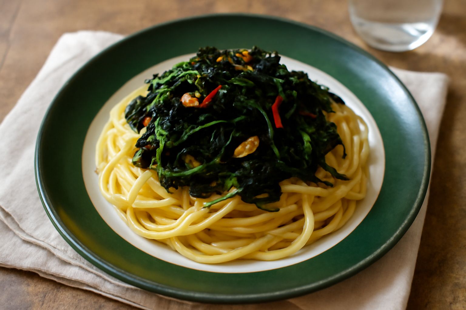 Linguine condite con cicoria ripassata, saltata in padella con aglio e peperoncino rosso, servite in un piatto bianco con filo di olio d'oliva, colore verde scuro della verdura che contrasta con la pa