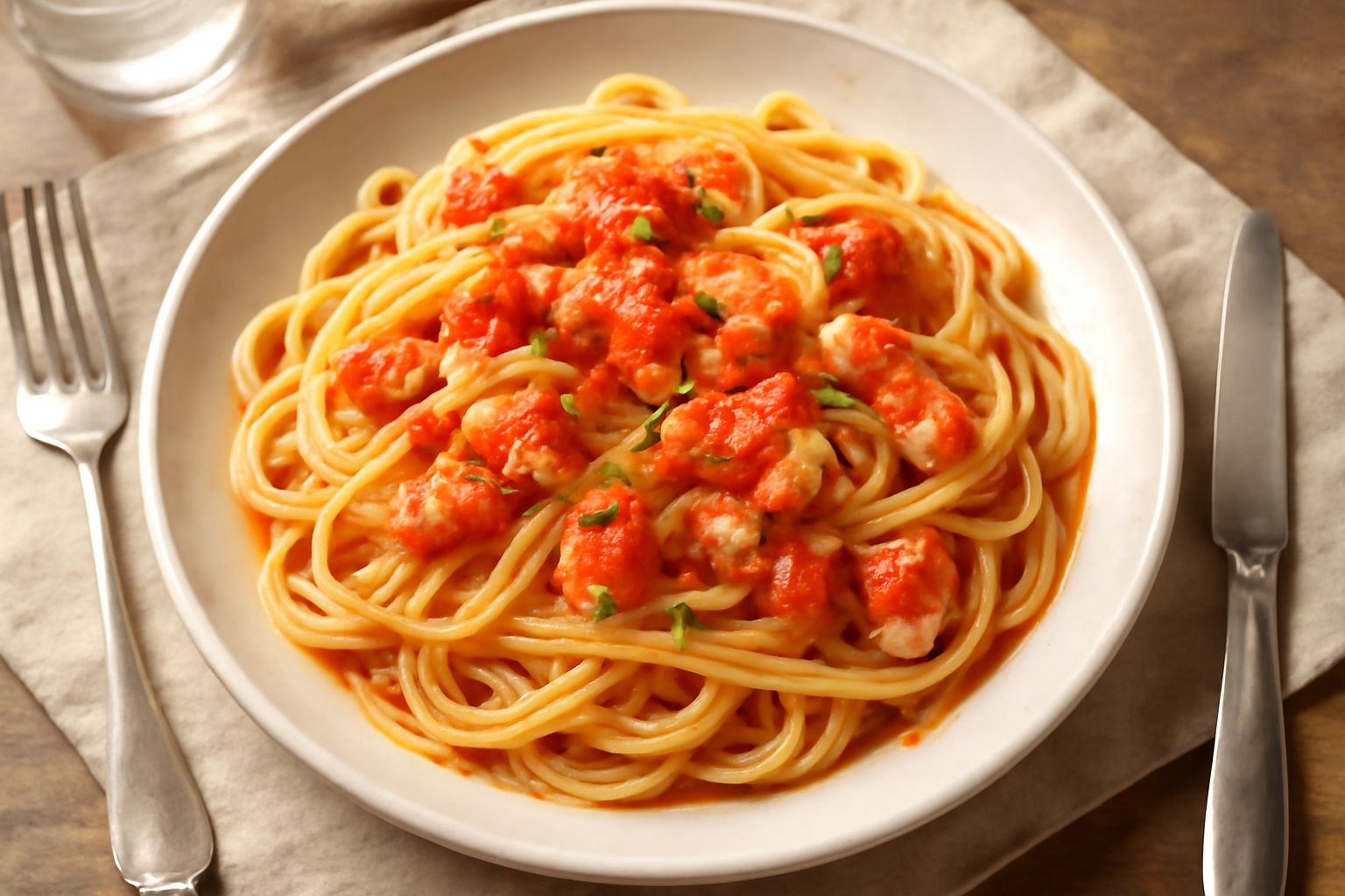 Piatto di linguine al pomodoro con pezzi di aragosta rossa, guarnito con prezzemolo fresco, filo di olio e limone, presentato su piatto bianco
