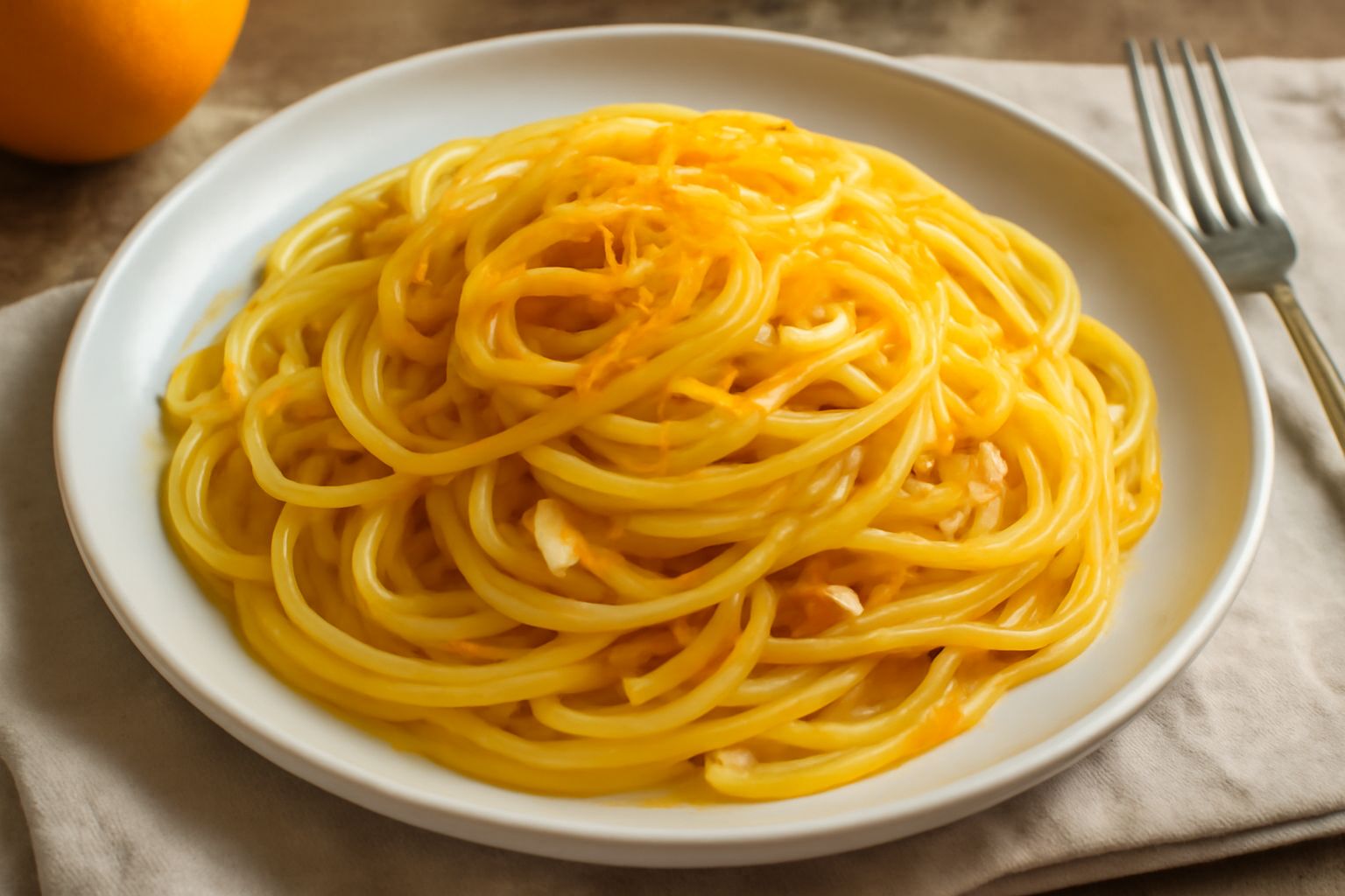 Piatto di linguine bianche condite con sugo giallo-arancio, guarnito con fettine sottili di scorza d'arancia, aglio rosolato e prezzemolo fresco, in ciotola bianca su tavolo di legno
