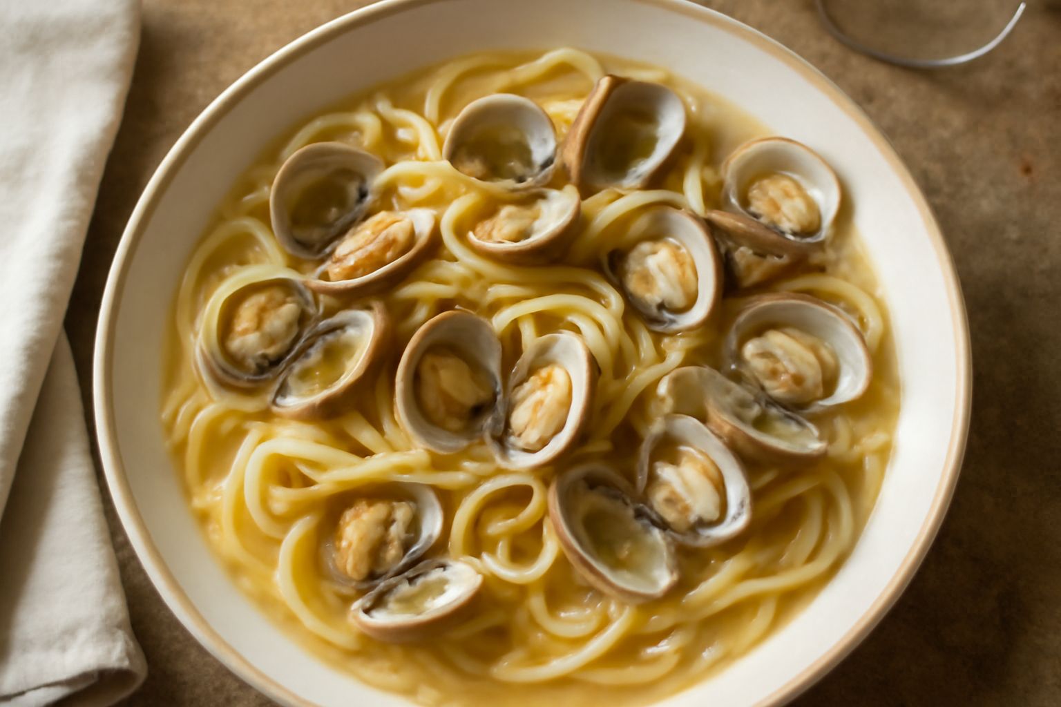 Un piatto fondo di linguine bionde intrecciate in brodo trasparente con vongole aperte, fili di aglio, prezzemolo fresco verde e una tenue lucida di olio d'oliva