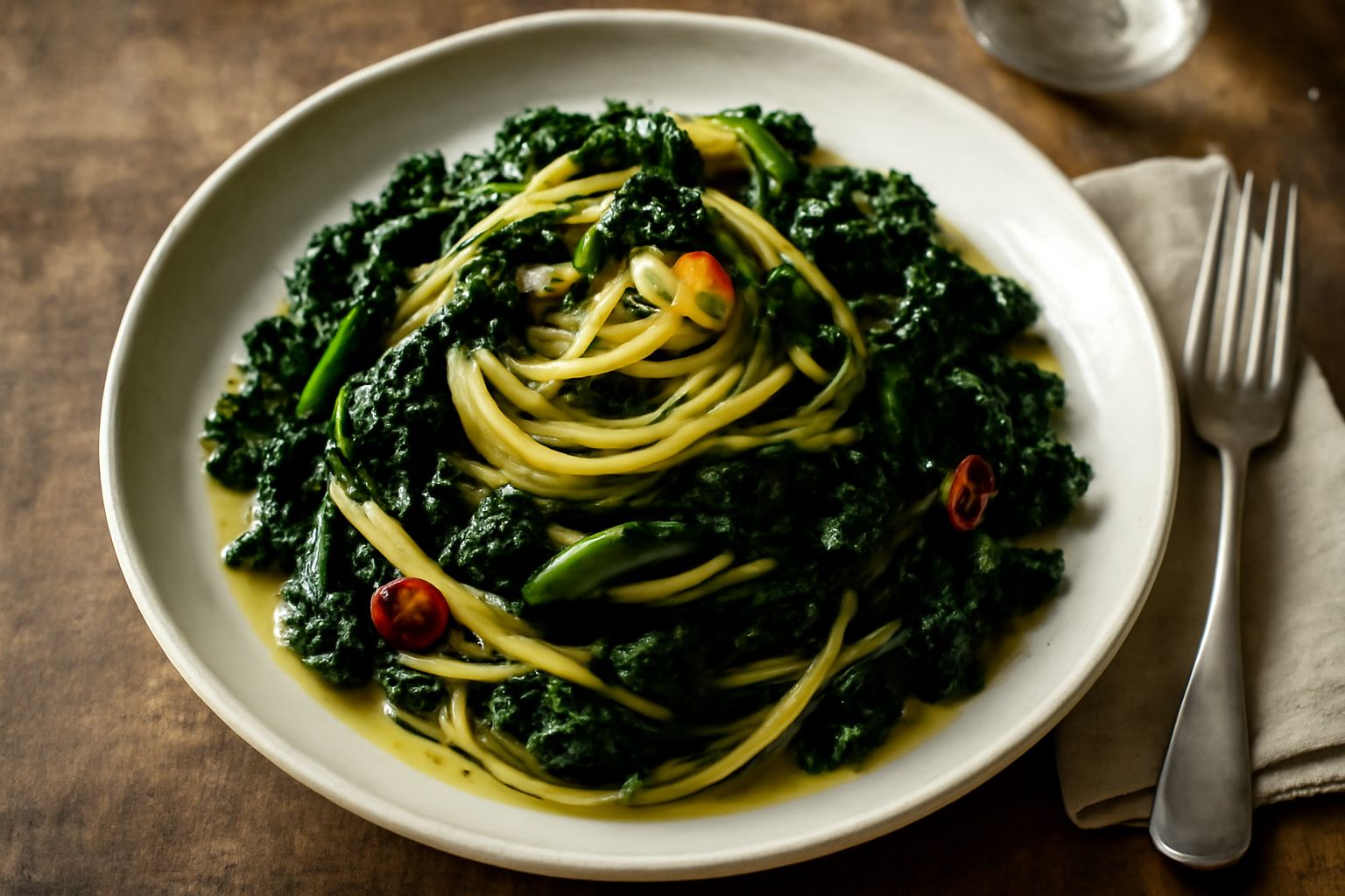 Piatto di linguine dorate con cime di rapa verde scuro, gocce di olio, fettine di aglio, servito in un piatto bianco con un filo di olio d'oliva a crudo