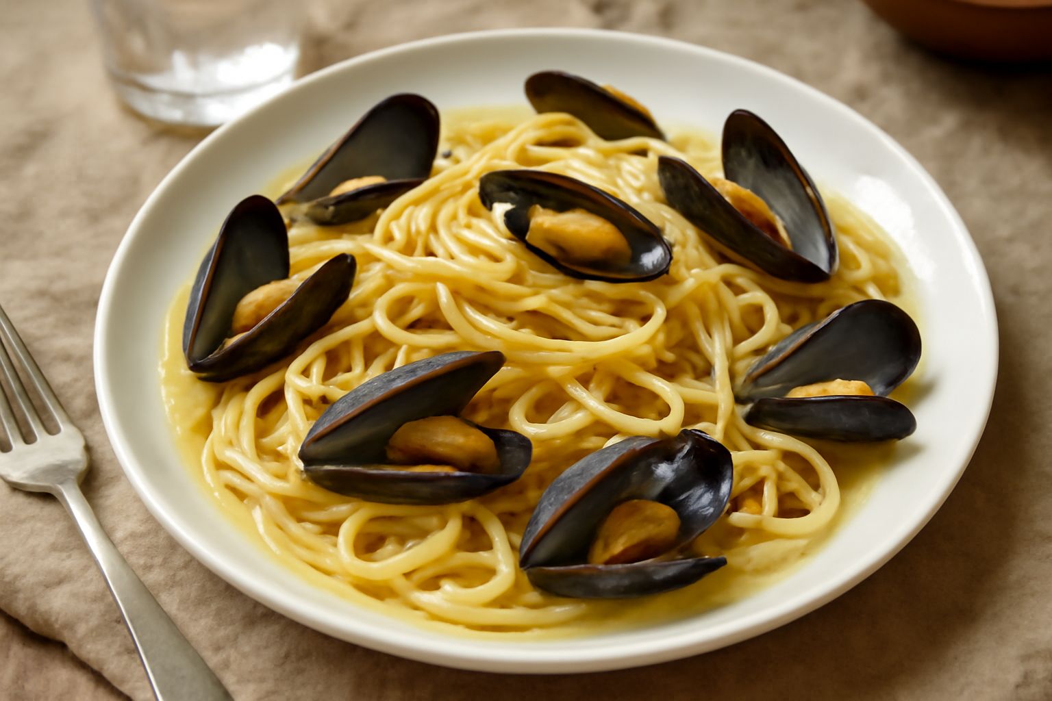 Piatto di linguine alle cozze in salsa di vino bianco, cozze nere aperte sparse sulla pasta, aglio e prezzemolo verde, olio brillante in superficie, servito in un piatto bianco fondo