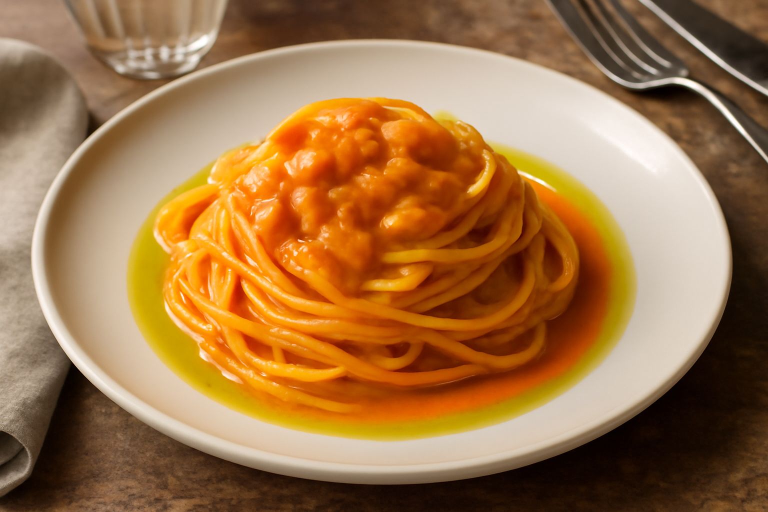 Piatto di linguine alle ricci servito in ciotola bianca: pasta lunga color oro ricoperta di ricci di mare arancioni, condita con olio d'oliva, aglio e prezzemolo fresco, con scorzetta di limone sul bo