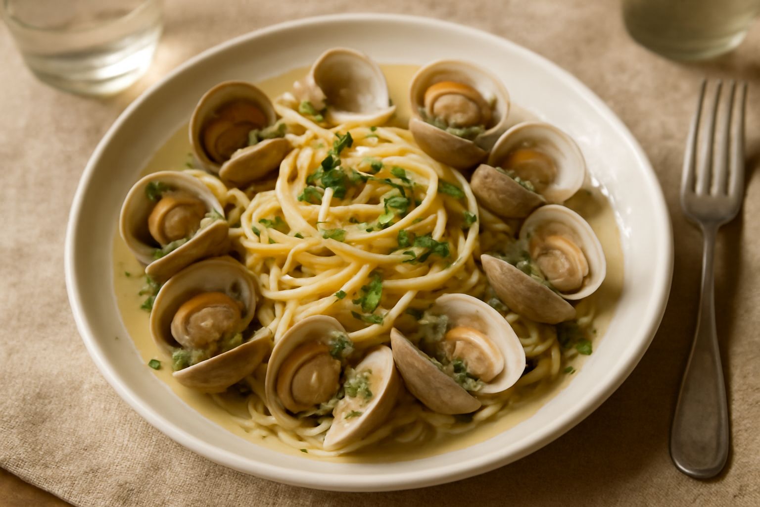 Piatto di linguine biancastre con vongole aperte, gocce di olio trasparente, prezzemolo verde fresco tritato, aglio dorato, sfumature di vino bianco, servite in ciotola di porcellana bianca con contor