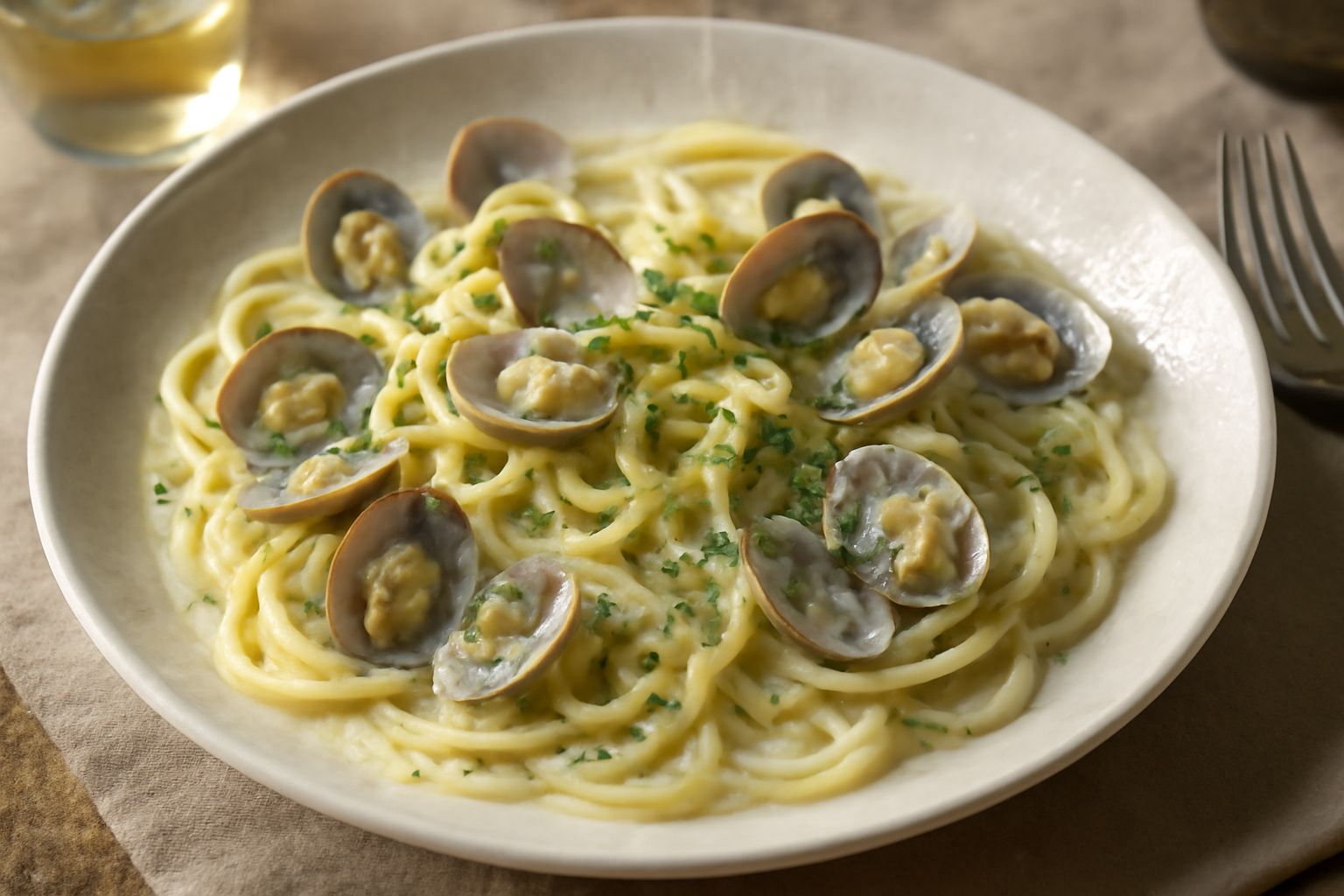 Piatto di linguine condite con vongole intere, salsa bianca fumante, prezzemolo fresco tritato, gocce di olio d'oliva. Fondo bianco, presentazione elegante.