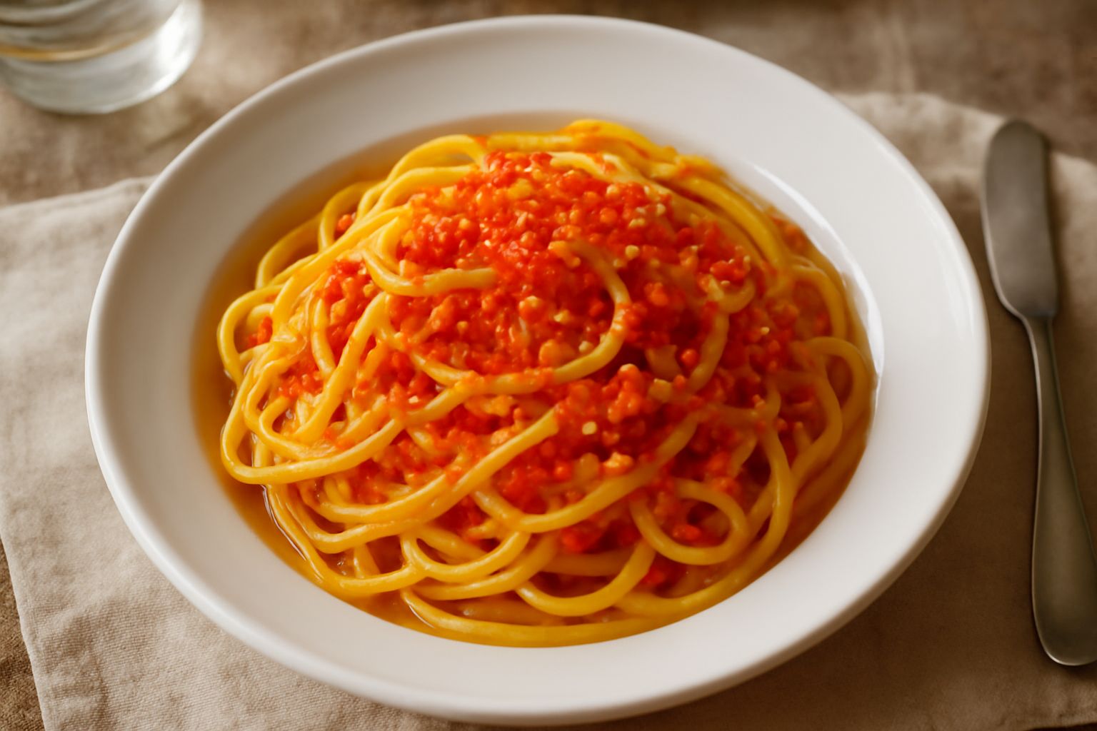Piatto bianco con linguine dorate intrecciata e uova di pesce arancioni brillanti sparse in superficie, gocce di olio extravergine, pepe nero appena macinato