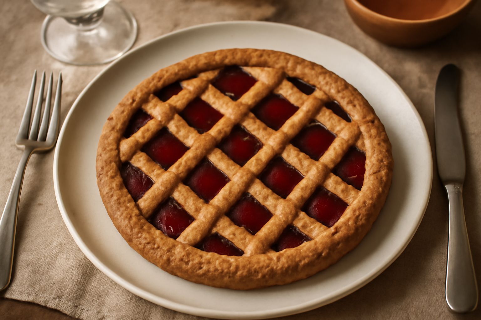 Linzer torte piemontese rotonda su piatto bianco, base di pasta color nocciola, visibile attraverso griglia decorativa di pasta il rosso della marmellata, bordo leggermente dorato, fette tagliate acca