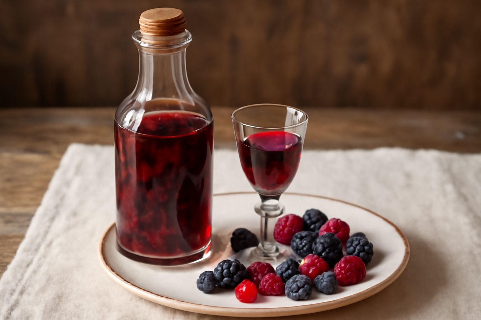 Bottiglia di vetro trasparente con liquore rosso rubino ai frutti di bosco, con frutti di mirtillo, mora e lampone rosso visibili all'interno dell'alcool, su sfondo bianco con una piccola ciotola di f