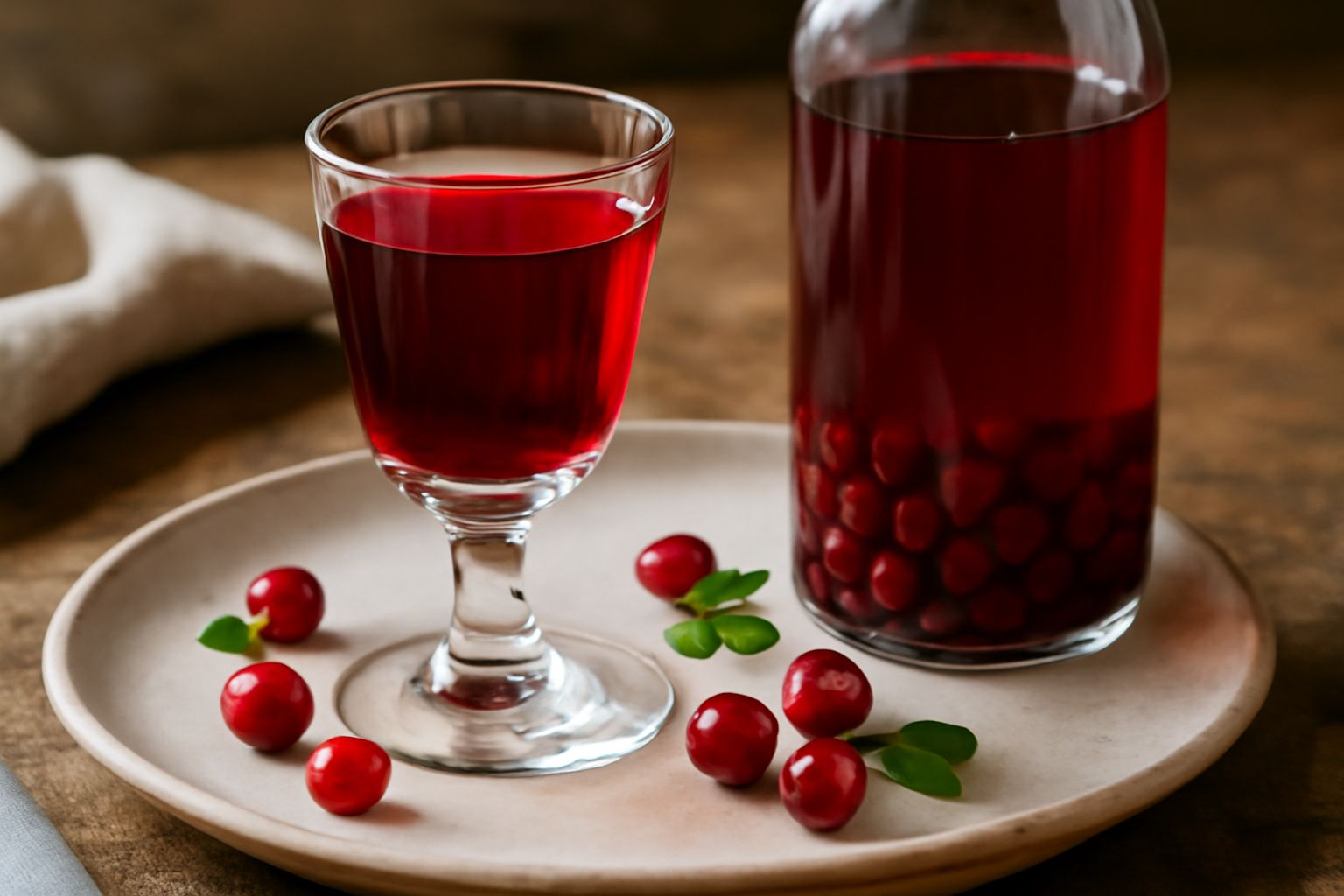 Bicchiere di liquore ai mirtilli rossi dal colore rosso rubino brillante, con mirtilli rossi interi sul fondo e in controluce, accanto bottiglia di vetro chiara con lo stesso liquore