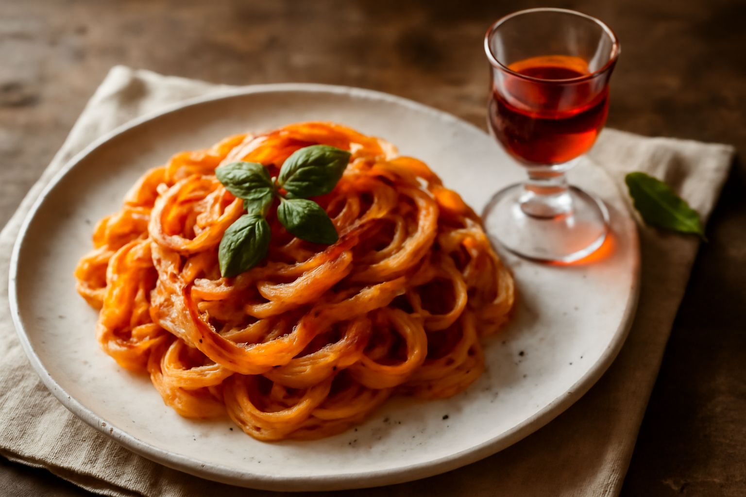 Bicchiere da liquore con maraschino color ambrato profondo, liquore trasparente con riflessi dorati, circondata da ciliegie fresche rosse e una bottiglia di vetro scuro con il liquore finito sullo sfo