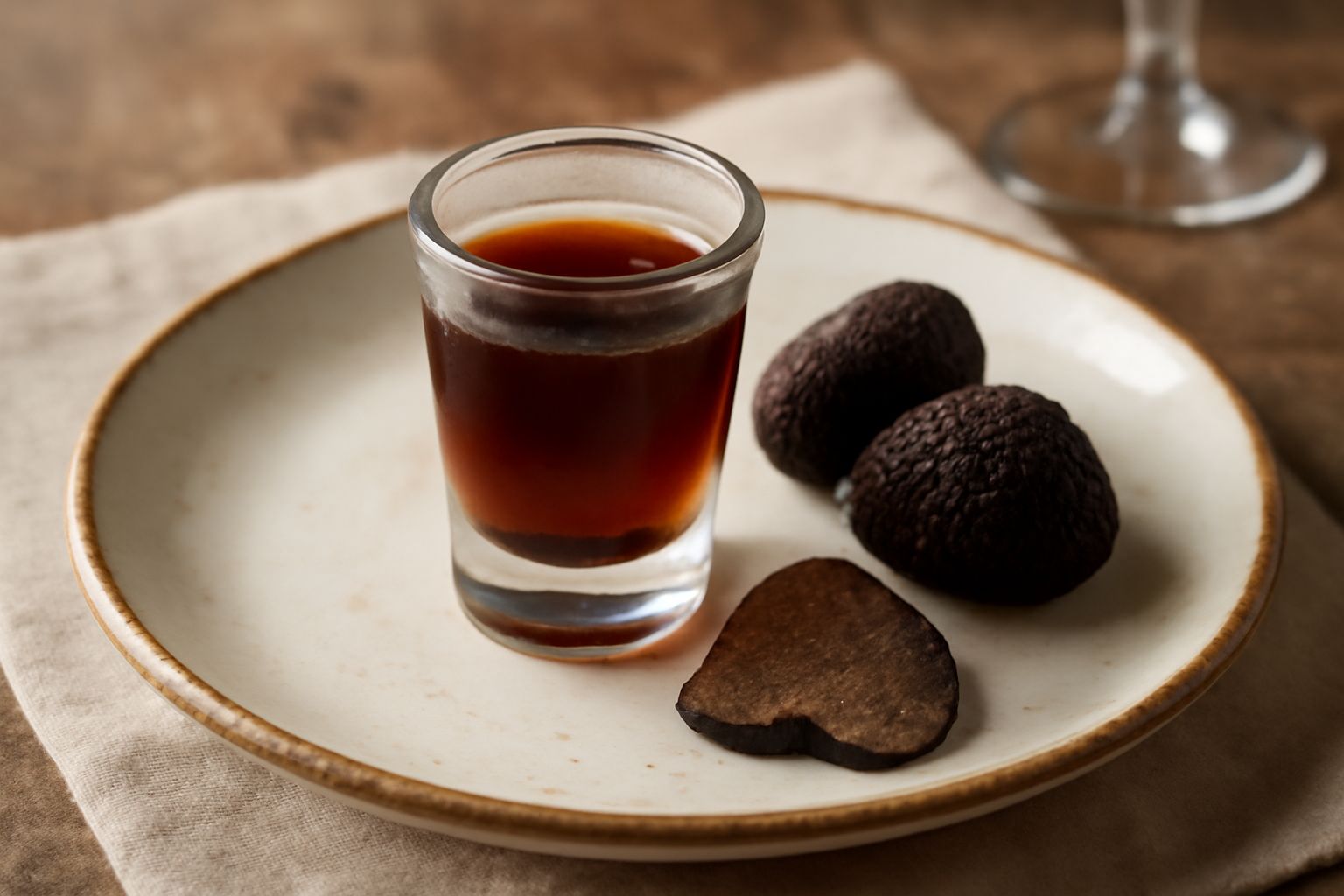 Bicchiere di liquore al tartufo di colore ambrato scuro, traslucido, con una fetta sottile di tartufo nero visibile sul fondo, accanto a una bottiglia di vetro scuro con tappo di sughero su sfondo bia