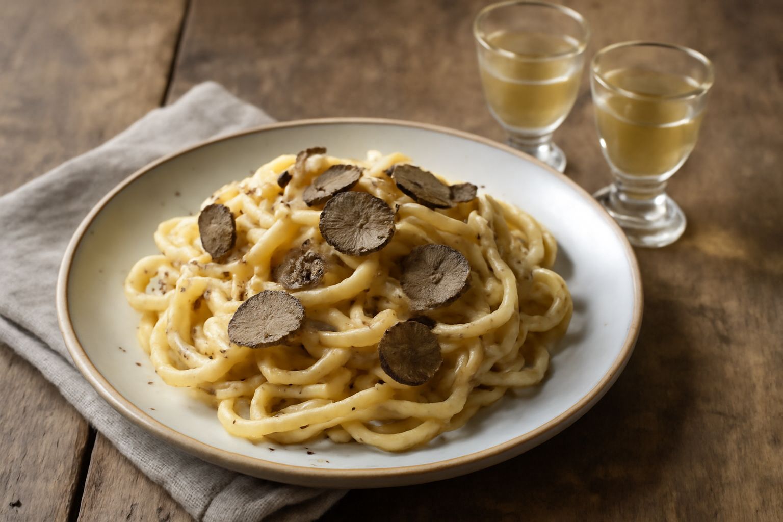 Bicchierino di liquore al tartufo bianco, trasparente con lieve tonalità ambrata, su piattino bianco con fondo scuro sfocato e una piccola lamina di tartufo accanto