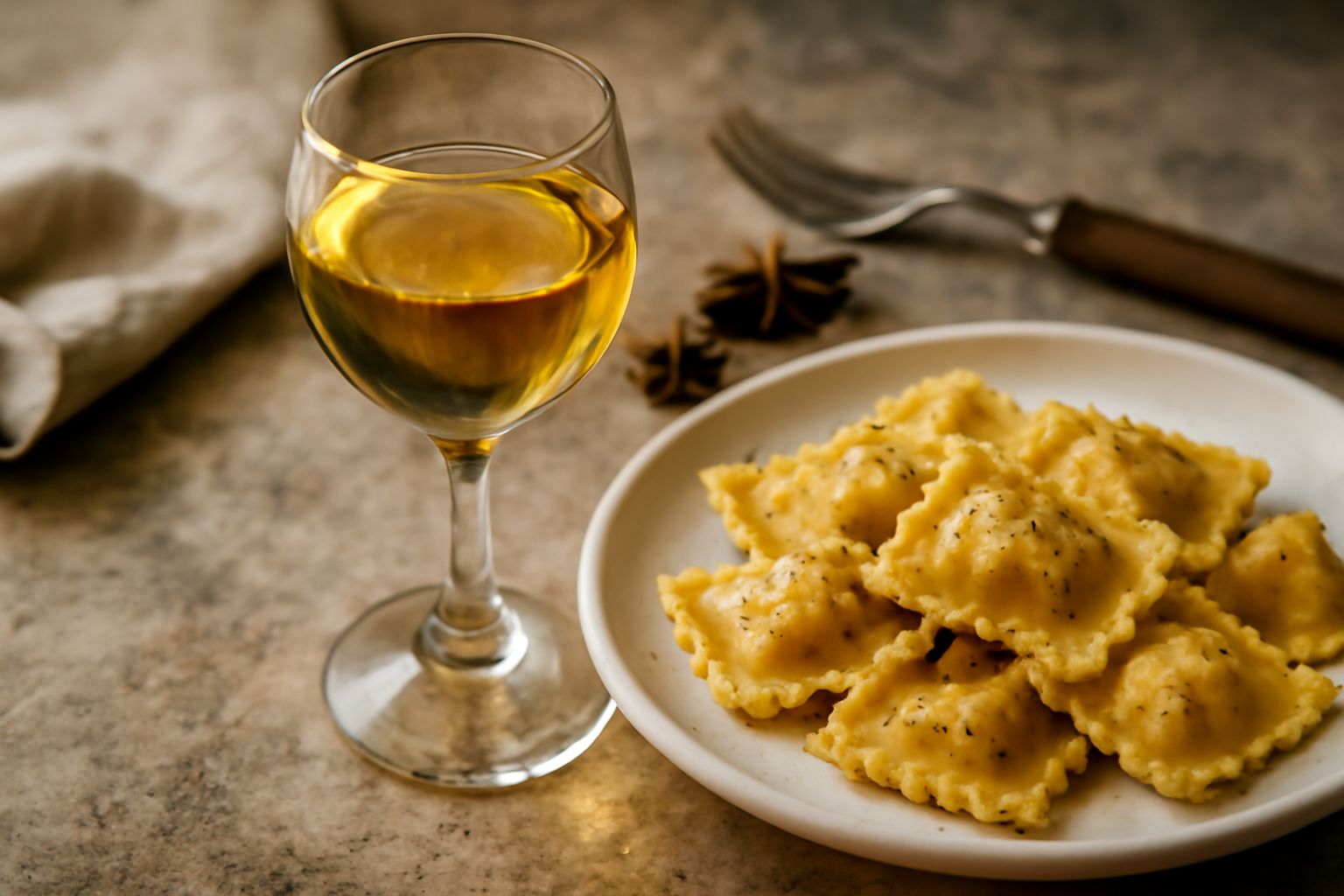 Bottiglia di vetro con liquore all'anice trasparente e limpido, semi di anice visibili nel fondo, tappo di sughero, su sfondo bianco con cucchiaio dosatore accanto