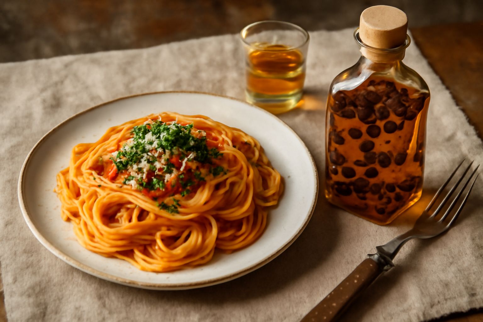 Bottiglia di vetro con liquore trasparente e ambrato contenente bacche di ginepro intere, su sfondo bianco con alcune bacche sparse accanto