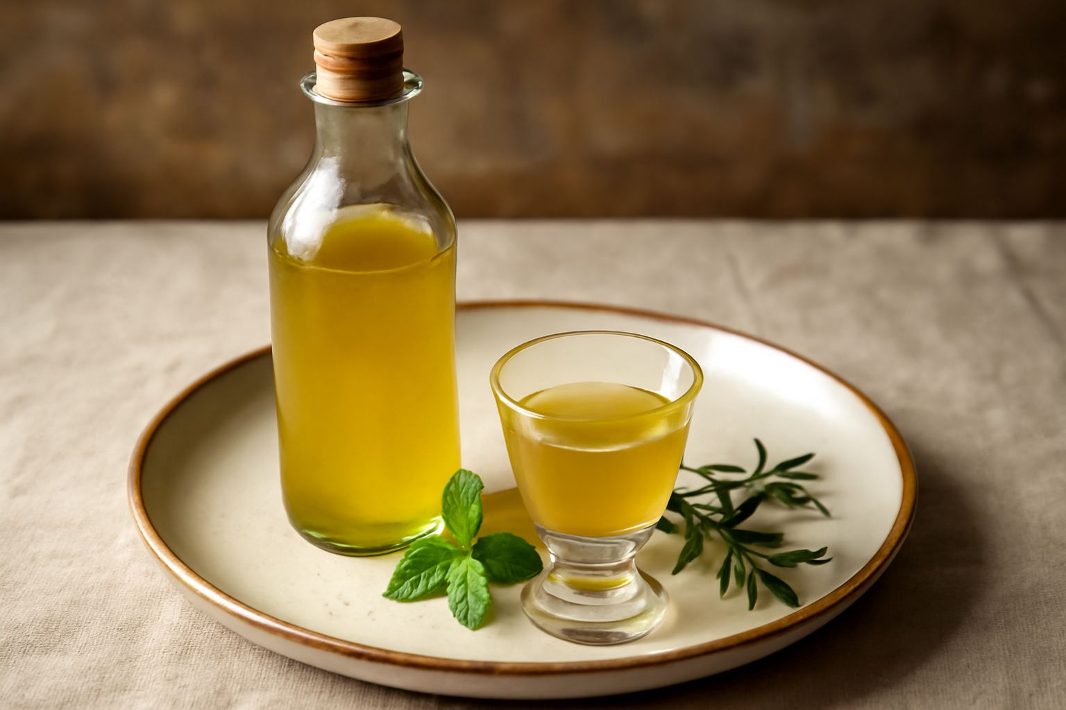 Bottiglia di vetro scuro con liquore giallo-verdastro trasparente, circondata da rametti di rosmarino, salvia e menta fresca su un tavolo di legno chiaro, con bicchierini da digestivo accanto