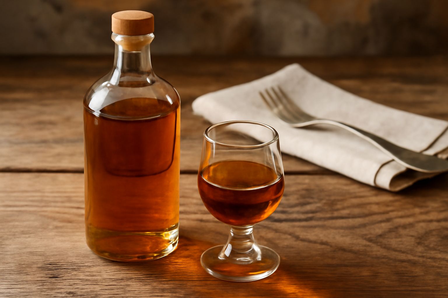 Bottiglia di vetro scuro con liquore ambrato trasparente, accanto bicchierini da liquore e un mazzo di erbe alpine secche (genziana, artemisia, menta) su fondo di legno naturale