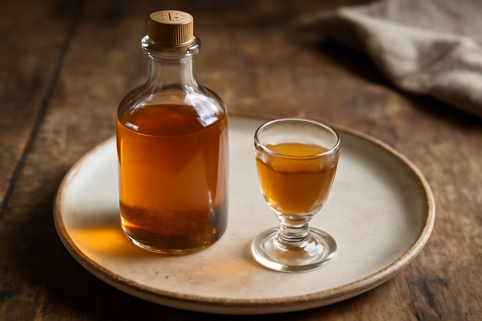 Bottiglia di vetro scuro contenente liquore dorato-ambrato, circondata da rametti di mentuccia, bergamotto, rosmarino e alloro fresco su tavolo di legno rustico