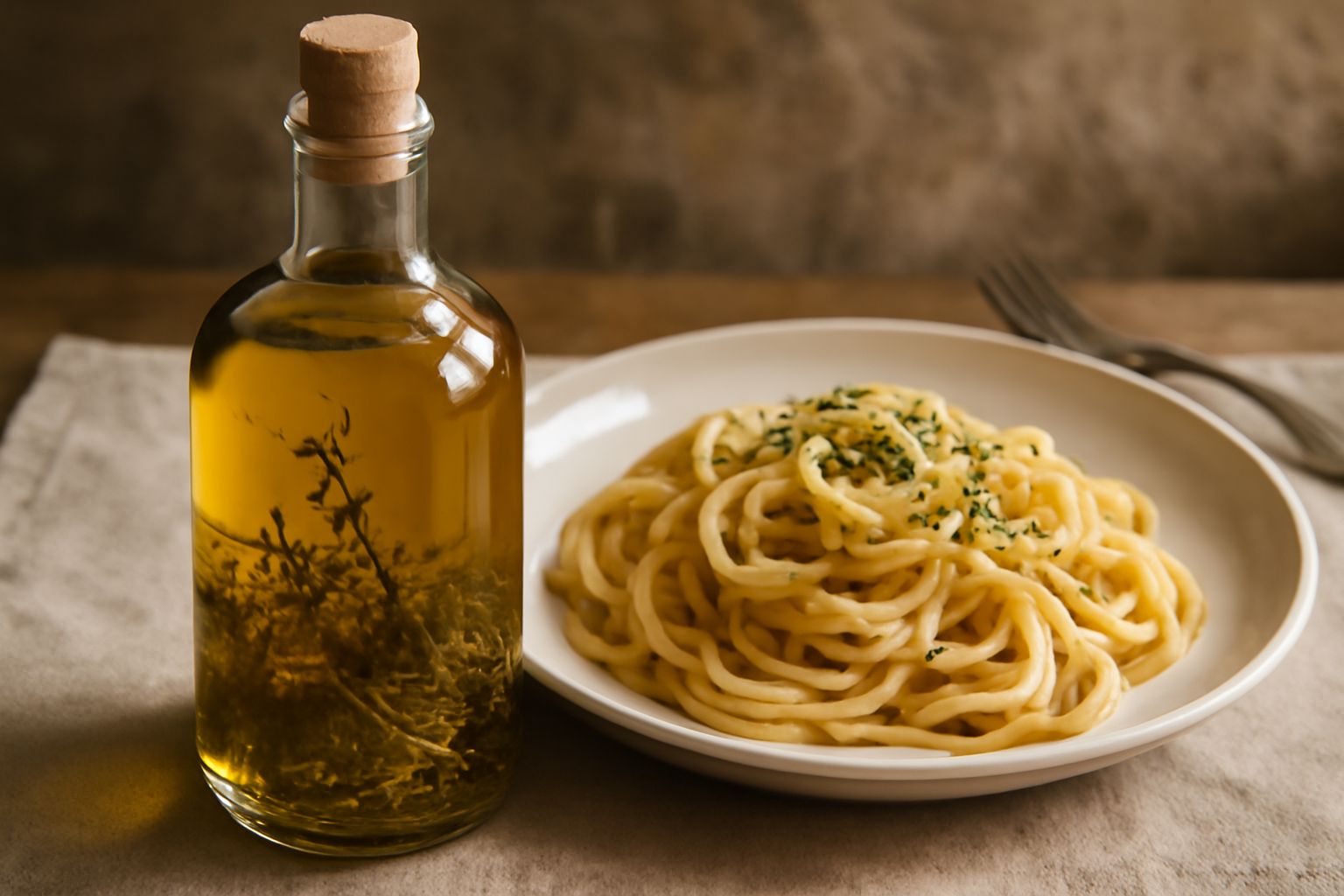Bottiglia trasparente contenente liquore ambrato con erbe aromatiche visibili sul fondo, circondata da rametti di menta, salvia e camomilla fresca su un tavolo di legno