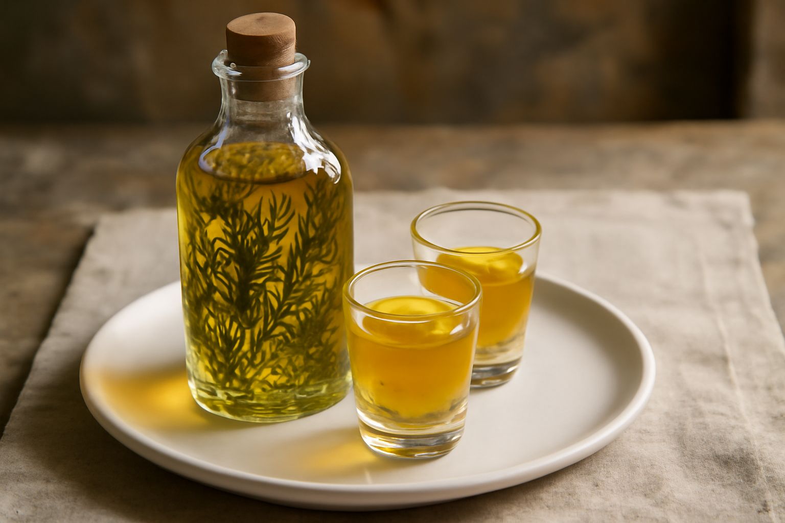 Bottiglia di vetro trasparente con liquore giallo-ambrato, erbe secche visibili dentro, tappata con sughero, su sfondo bianco con rametti di erbe fresche sparse accanto