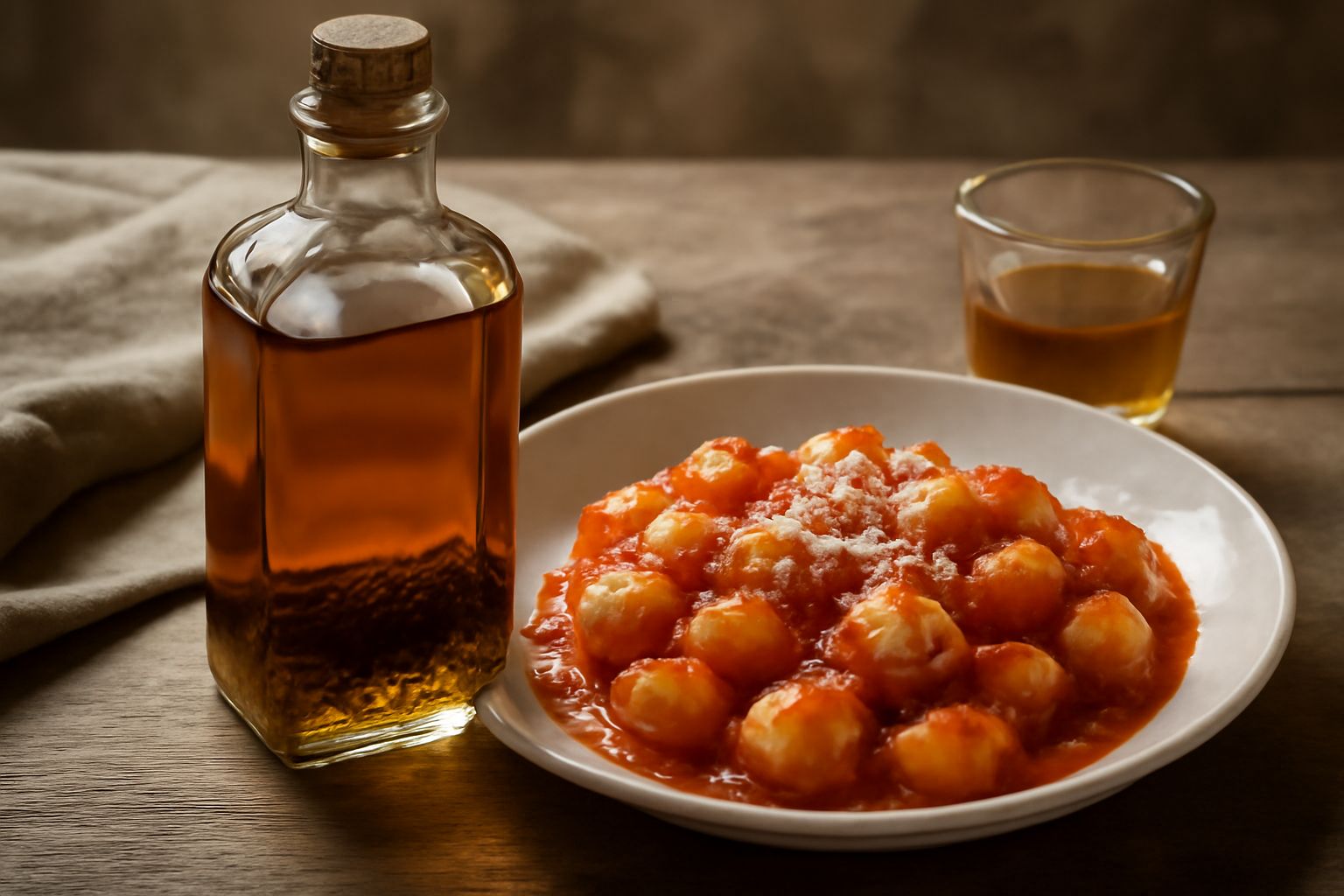 Bottiglia di vetro scuro contenente liquore ambrato trasparente, con erbe aromatiche secche visibili dentro, tappato con sughero naturale, poggiato su un tavolo in legno con accanto una piccola tazza 