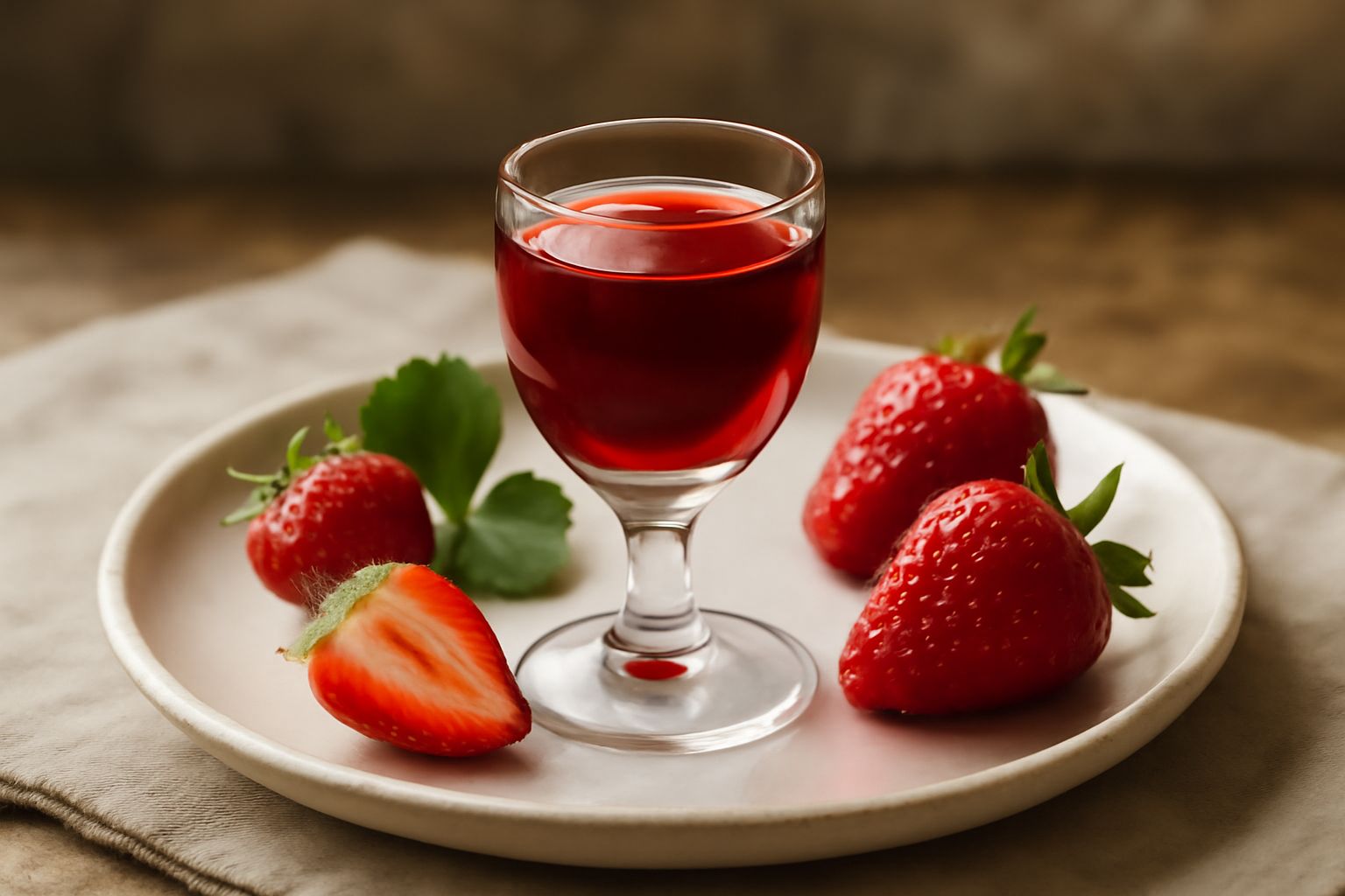 Bicchiere corto con liquore alle fragole color rubino intenso, leggermente trasparente, con due fragole fresche nel bicchiere, sfondo neutro bianco, luce naturale
