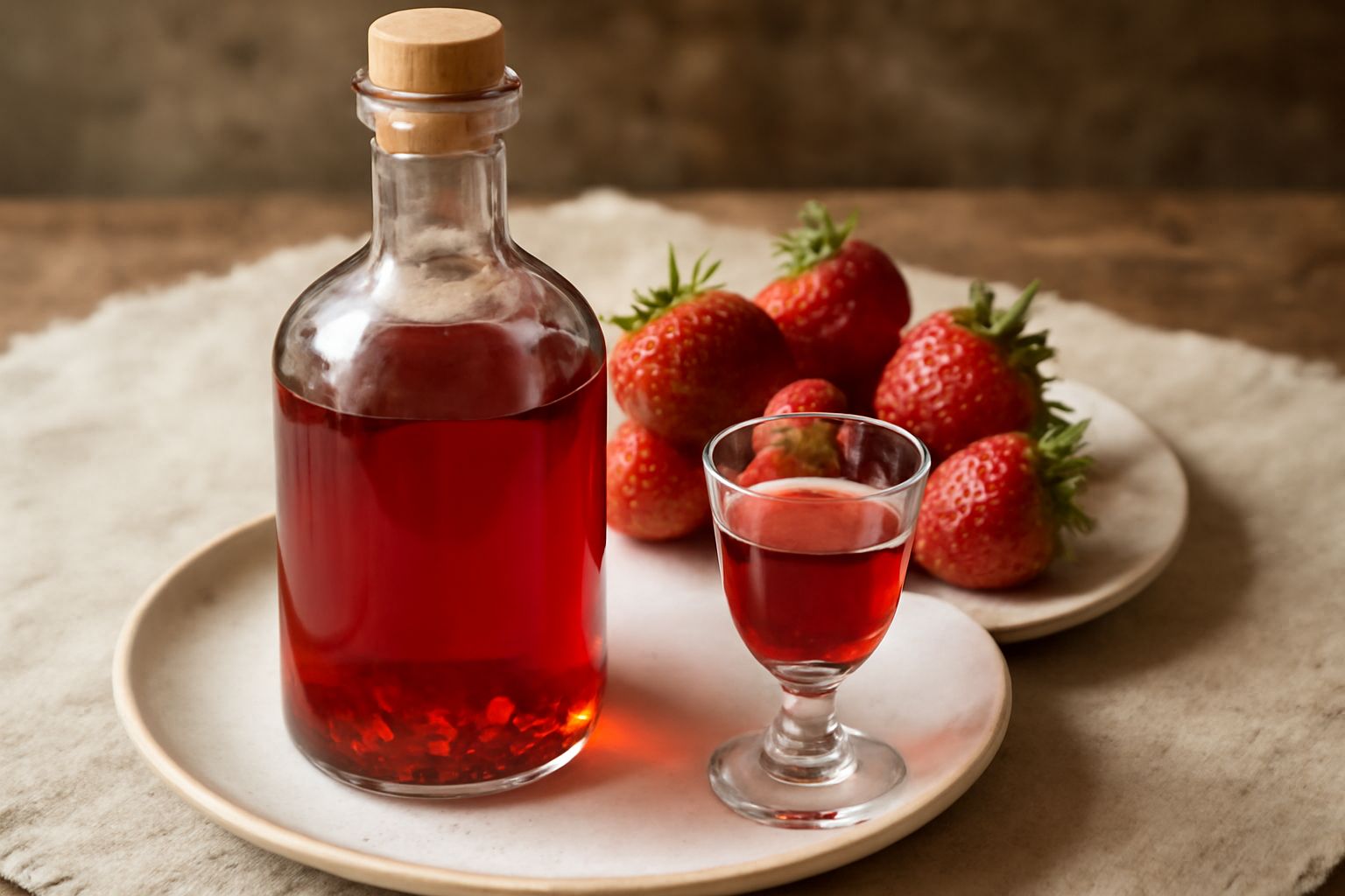 Bottiglie di vetro trasparente con liquore rosso-rubino alle fragole, fragole fresche rosse accanto, su tavolo di legno con luce naturale, liquido brillante e trasparente