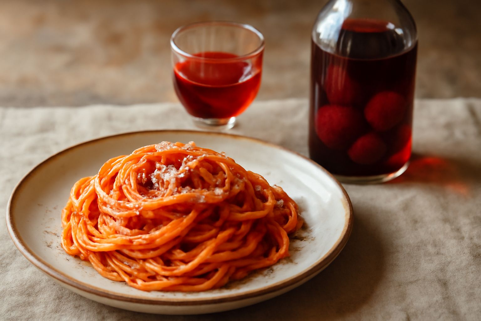 Bottiglie di vetro scuro riempite di liquore rosso rubino con fragole intere visibili, tappi in sughero, su sfondo di fragole fresche rosse e foglie verdi