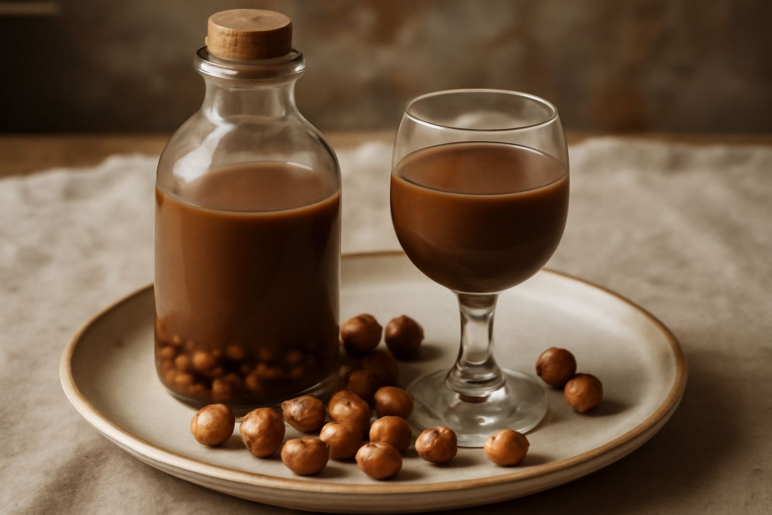 Liquore alle nocciole color marrone scuro in bottiglia di vetro trasparente, con nocciole tostate intere visibili sul fondo, servito in piccolo bicchierino da liquore